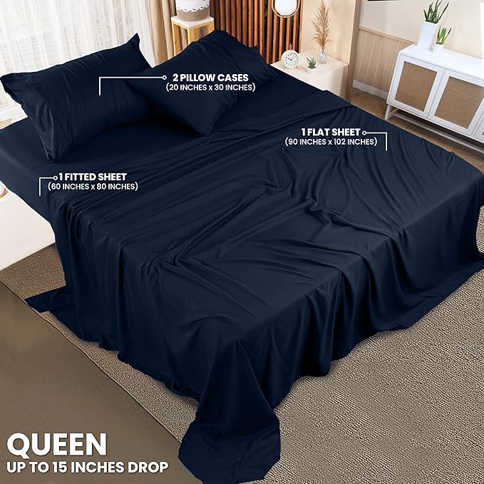Utopia Bedding Queen Size Sheet Set – 4 Piece Bed Sheets, Soft and Breathable Microfiber, Includes 1 Fitted Sheet, 1 Flat Sheet and 2 Pillowcases – Oeko Tex (Navy)