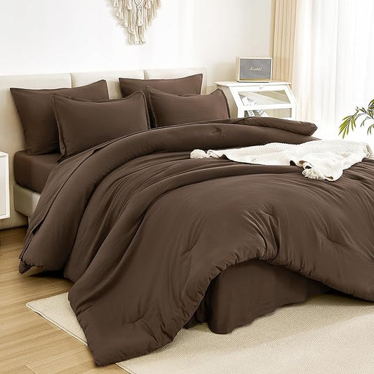 Litanika King Size Comforter Set Brown - 7 Pieces Bed in a Bag King Bedding Comforter Sets, Solid Lightweight Bed Set with Comforter, Sheets, Pillowcases & Shams