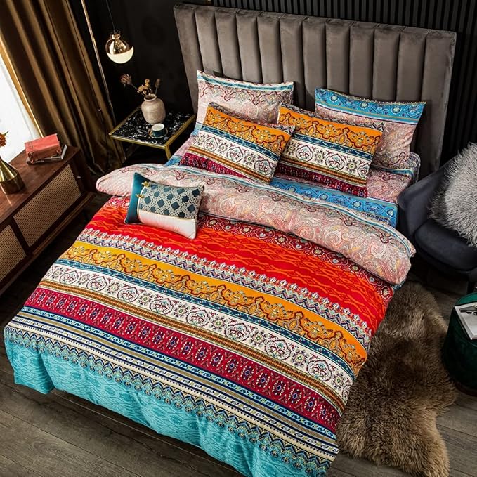Bohemian Duvet Cover Set Full Size Colorful Floral Boho Striped Bedding Set Soft Microfiber Double Duvet Cover Southwestern Indian Tribal Reversible Bedding Exotic Style Decor Boho Comforter Cover