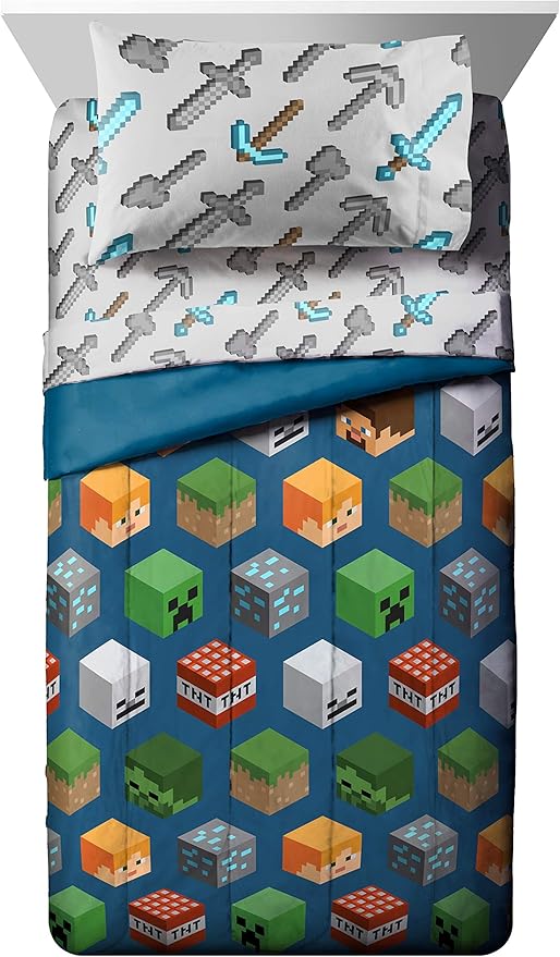 Jay Franco Minecraft Isometric 4 Piece Twin Bed Set - Includes Comforter & Sheet Set - Bedding Features Creeper - Super Soft Fade Resistant Polyester - (Official Minecraft Product)