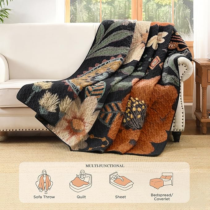 Andency Floral Boho California King Quilt Bedding Set Brown Black, 3 Pieces Farmhouse Flower Botanical Summer Bedspreads with 2 Shams, Soft Reversible Lightweight Microfiber Coverlet Set, 104"x112"