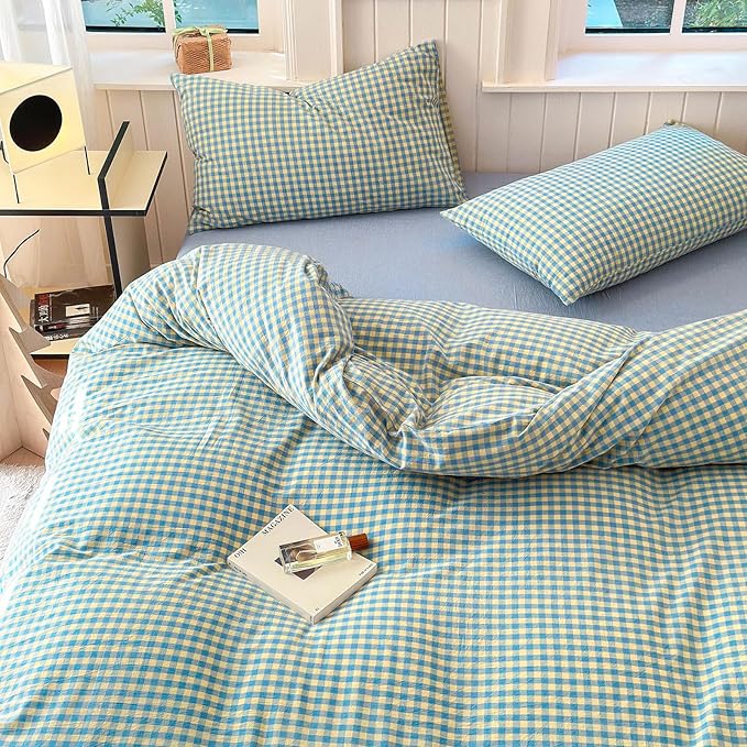 LifeTB Blue Yellow Gingham Comforter Set King 3 Pieces Soft Fluffy Grid Checkered Pattern Comforter with 2 Pillowcases Farmhouse Gingham Bedding Set Modern Style Geometric Plaid Comforter Set