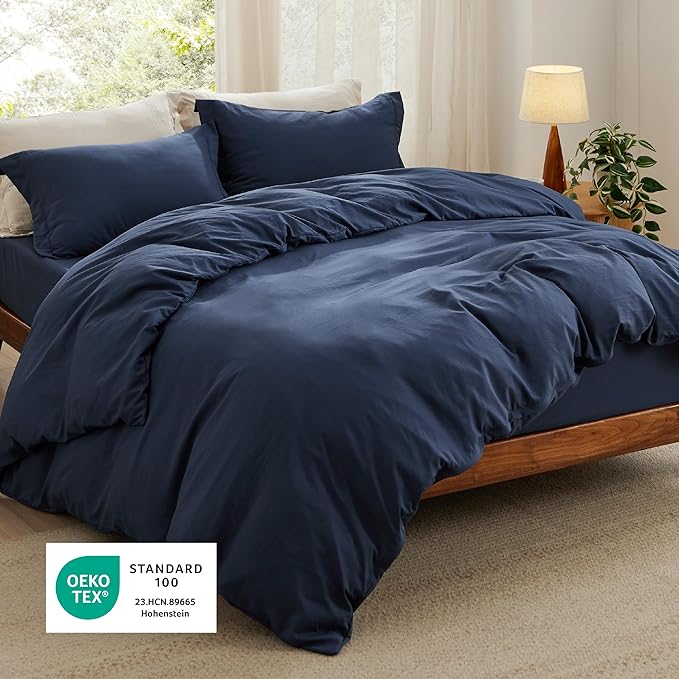 Bedsure Duvet Cover Queen Size with Fitted Sheet - 4 Pieces Prewashed Polyester Extra Soft Bedding Set, Includes 1 Duvet Cover 90x90 Inches with Zipper Closure, 2 Pillow Shams, 1 Fitted Sheet, Navy