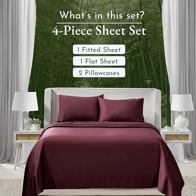 California Design Den Rayon from Bamboo Sheets Cal King Sheet Set, Luxury Cooling Burgundy Sheets for California King Size Bed with Deep Pocket Fitted Sheet