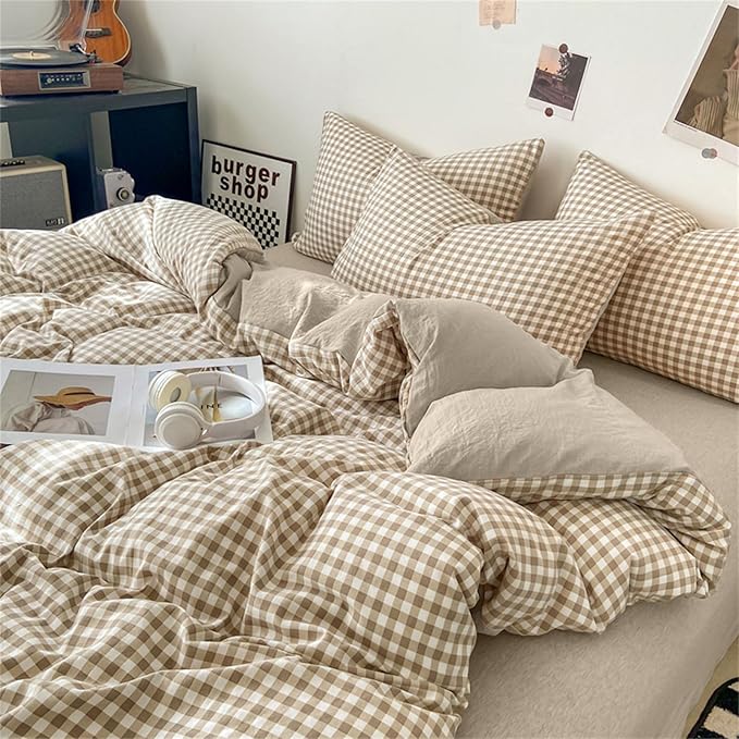 Nayoroom Gingham Duvet Cover Queen Size Brown Tan Plaid Checkered Comforter Cover 3 Pieces Soft Lightweight Washed Microfiber Farmhouse Grid Dorm Bedding Set with Pillowcases