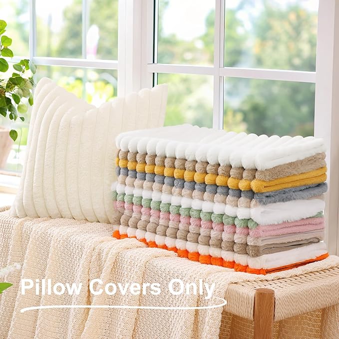 decorUhome Cozy Faux Fur Spring Throw Pillow Covers 20x20 Set of 2 Decorative Soft Plush Striped Modern Farmhouse Boho Couch Pillow Cases with Velvet Back for Sofa Bed Living Room, Cream White