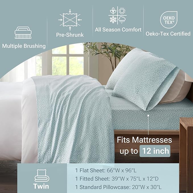 True North by Sleep Philosophy Cozy Flannel Warm 100% Cotton Sheet - Novelty Print Animals Stars Cute Ultra Soft Cold Weather Bedding Set, Twin, Aqua Dots 3 Piece