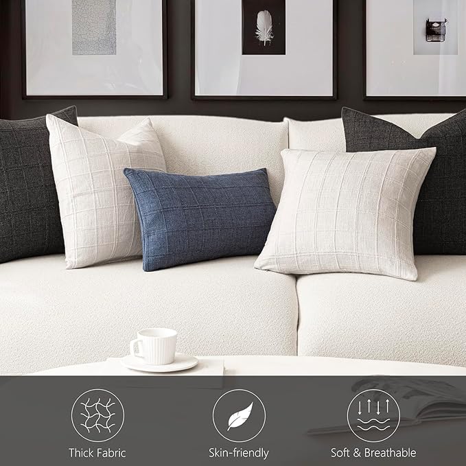 Foindtower Set of 2 Decorative Linen Check Throw Pillow Covers Neutral Farmhouse Vintage Cushion Covers Modern Boho Home Decor for Sofa Chair Couch Bedroom Living Room,20×20 Inch,Charcoal