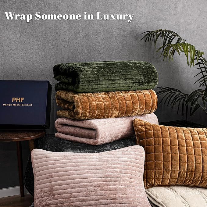 PHF Luxurious Velvet Quilt Set Twin Size – 2PCS Super Soft Quilted Comforter Alternative with Square-Box Quilt Pattern, Warm Quilted Bedspread Coverlet, 68" x 92", Rusty Burnt Orange