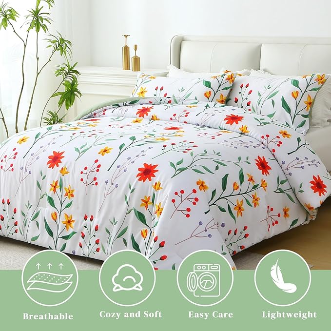 King Comforter Set Green 3 Pieces Bed in a Bag, Colorful Floral Bedding Sets Elegant Botanical Bed Set Lightweight Soft Comforter with 2 Pillowcases for All Season