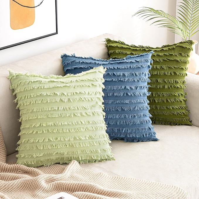 MIULEE Set of 2 Decorative Boho Throw Pillow Covers Linen Striped Jacquard Pattern Cushion Covers for Sofa Couch Living Room Bedroom 18x18 Inch Dark Blue