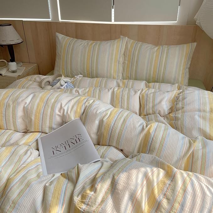 LifeTB Yellow Striped Duvet Cover Set Queen, 100% Washed Cotton Multicolor Stripes Pattern Printed Comforter Cover, 3 Pieces Farmhouse Striped Bedding Set Breathable Duvet Cover Queen Size