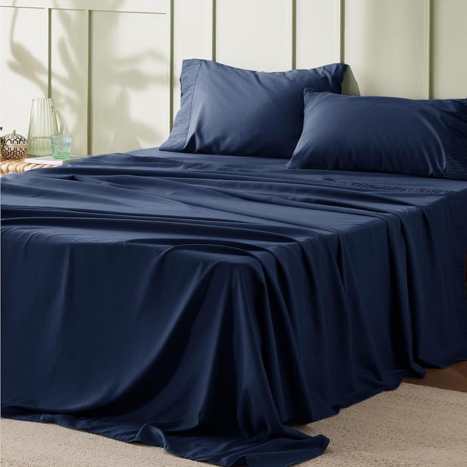 Bedsure California King Sheet Sets - 4 Pieces Soft Cal King Sheets - Breathable & Cooling - Hotel Luxury - Easy Care Polyester Microfiber Bedding for Women, Men, Navy