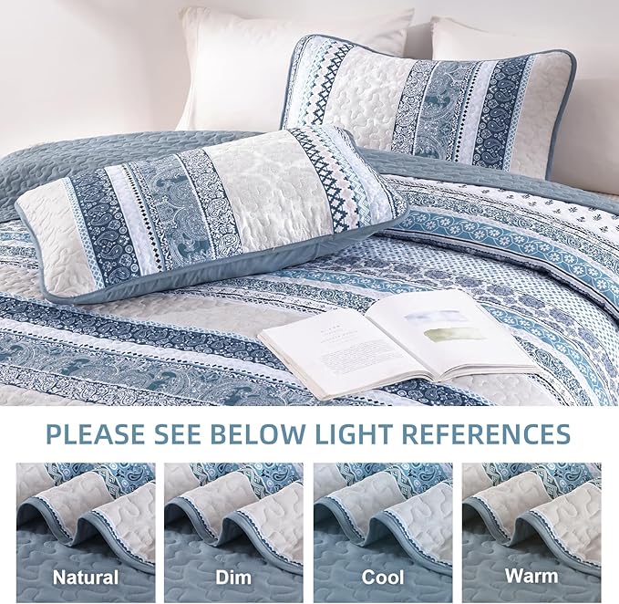 WONGS BEDDING Boho Quilt Set California King Size, Blue Bohemian 3 Pieces Quilt Sets, Lightweight Bedspread Coverlet Bedding Set for All Season (106"x96")