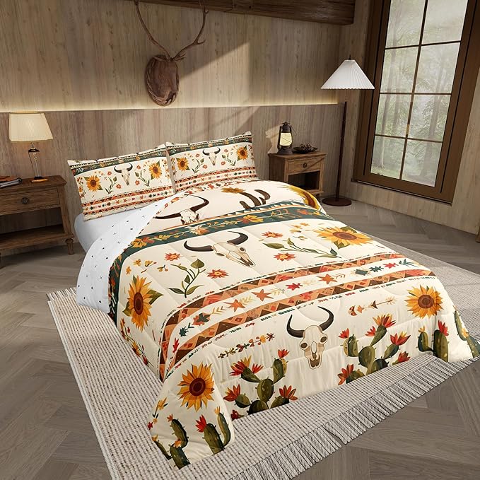 Feelyou Rustic Western Comforter Set Queen Size Bull Skull Floral Printed Bedding Set for Kids Boys Girls Room Decor Vintage Sunflower Farmhouse Comforter Geometric Western Boho Quilt Set