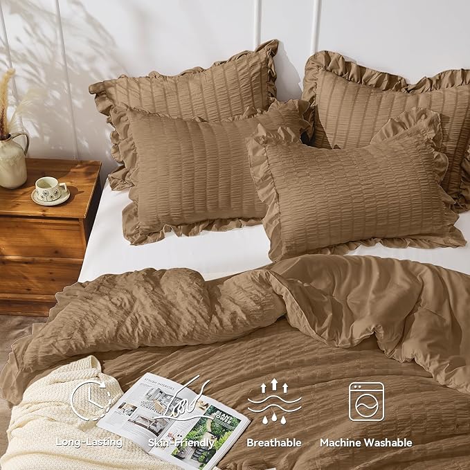 JOLLYVOGUE King Size Comforter Set, 3 Pieces Oak Brown Seersucker Comforters King Size, Lightweight & Fluffy Bedding Sets King for All Season with 1 Ruffle Comforter and 2 Ruffle Pillowshams