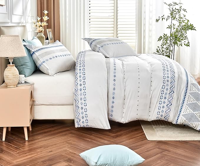 SLEEPBELLA Boho King Size Duvet Cover Set - Cotton Reversible Blue/White with Button Closure & Soft, Breathable Fabric
