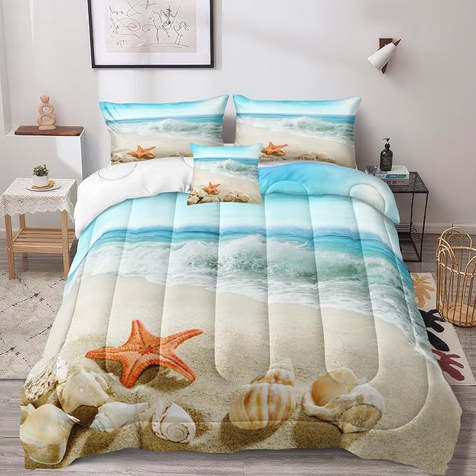 Bedbay Coastal Bedding King Size Beach Comforter Set Boys Girls Ocean Room Decor Starfish Seashore Beach Quilt Set 3 Pcs Beachy Duvet Insert Soft Down Comforter for All Seasons(Conch,King)