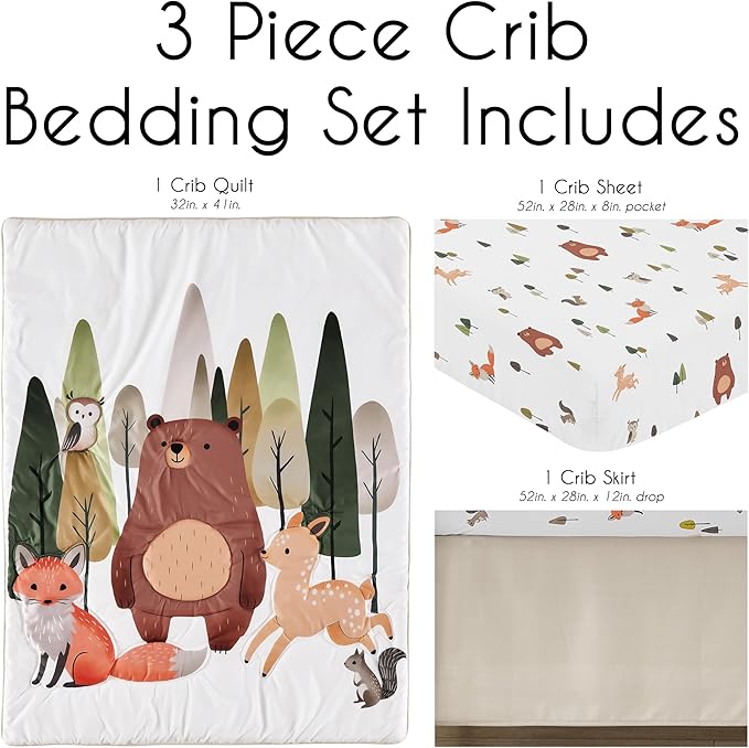 Sweet Jojo Designs 3-Piece Baby Crib Bedding Set (Woodland Animals) for Boys or Girls, Infants/Nursery incl. Blanket, Fitted Sheet and Crib Skirt (Neutral Theme, Woods, Forest Animal, Bear, Deer Fox)