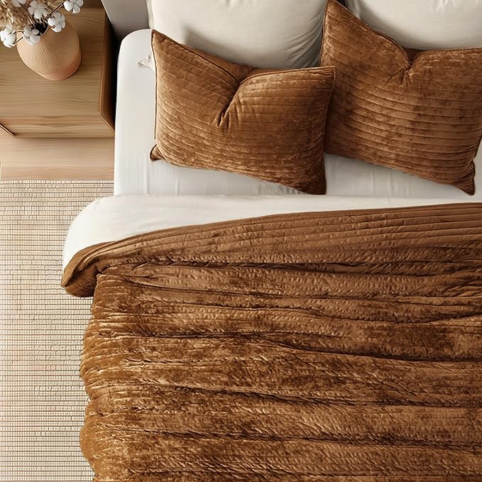 EVERGRACE Velvet Quilt Set King Size, Luxurious Soft Striped Channel Bedding Set, Lightweight Velvet Comforter for All Season, Oversized Bedspread Coverlet with 2 Matching Shams, Dark Brown