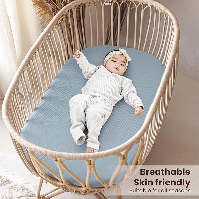 Konssy 2 Pack Muslin Bassinet Sheets for Boys, Girls, 100% Cotton Soft Breathable Fitted Bassinet Mattress Sheet, 32 x 16 inches (Star,Blue)