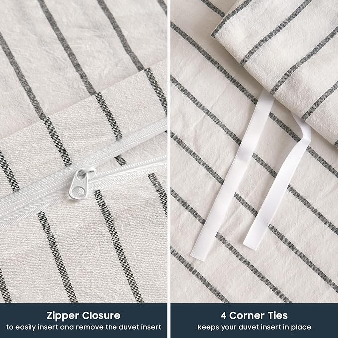 Wake In Cloud - Striped Cotton Duvet Cover Set, Ticking Stripe Vertical Pinstripe Farmhouse, 100% Washed Cotton Textured Percale Bedding Set, 3 Pieces, White, Twin Size