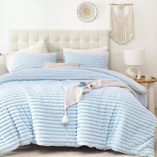 Smoofy Fluffy Queen Size Comforter Set 3 Pieces - Light Blue Fleece Fluffy Comforter Set, Luxury Fuzzy Queen Bedding Set, Soft Warm Bed Set All Season, Heavy Faux Fur Comforter with 2 Pillow Cases