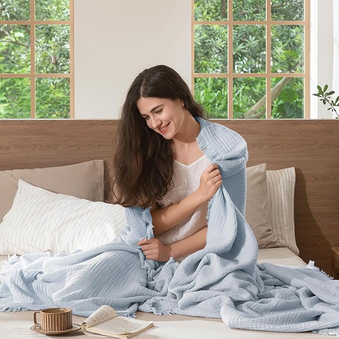 MooMee Muslin Blanket - 100% Cotton 4-Layer Gauze Throw Blanket with Tassels Ultra-Soft Breathable Lightweight Cooling for Bed Couch (Dusty Blue,Super King 108" x 98")