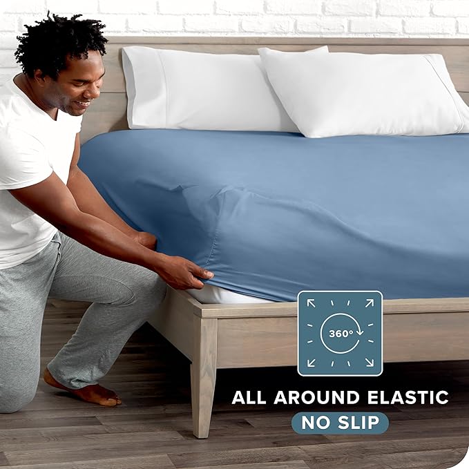 Bare Home Fitted Bottom Sheet Twin - Premium 1800 Microfiber - Ultra-Soft Wrinkle Resistant - Deep Pocket - Fitted Sheet (Twin, Coronet Blue)