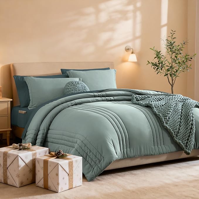 Monbix Oversized Queen Comforter Set - 7 Pieces Sage Green Bed in a Bag Oversized Queen Bedding Sets with Comforters, All Seasons Comforter Bed Set with Sheets, Pillowcases & Shams