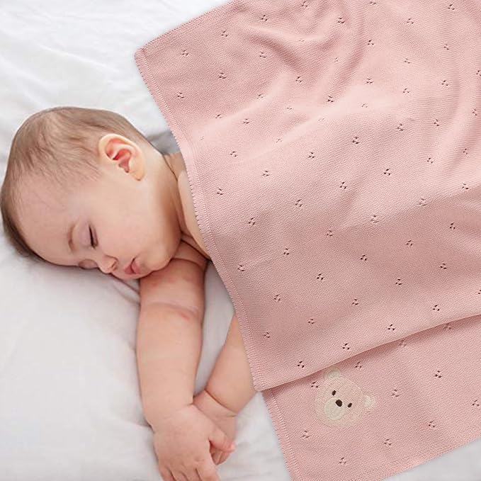 mimixiong Organic Cotton Baby Blanket Neutral Knitted Soft Crib Nursery Swaddling Receiving Blankets for Newborn Baby Boy Girl 40x30 Inch Pink