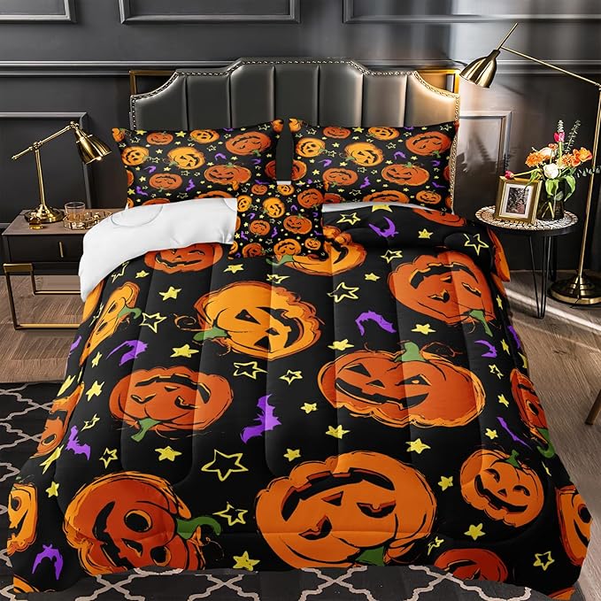 Bedbay Pumpkin Halloween Comforter Set Queen Size Black and Gold Bedding Set Cartoon Pumpkin Festival Themed 4 Pcs Comforter Set Halloween Decorations (Orange,Queen)