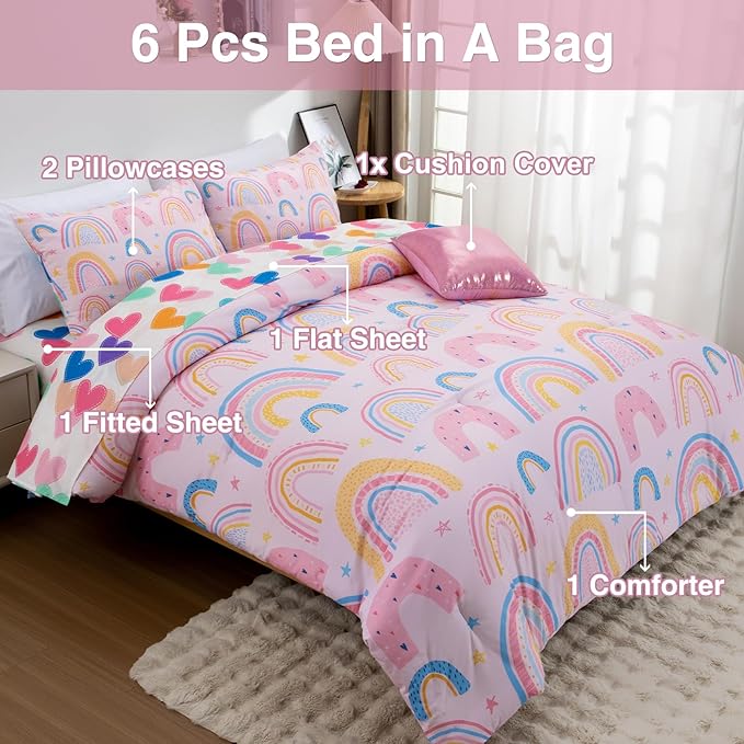 A Nice Night Lightweight Soft Cartoon Rainbow 6Pcs Full Comforter Sets, Love Hearts Printed Bedding Set for Boys Girls,Pink