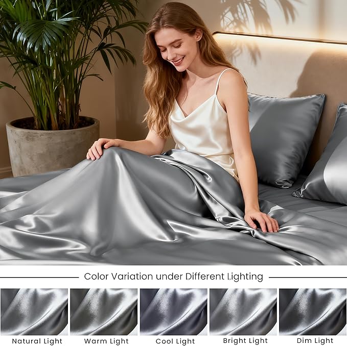 Love's cabin Twin Satin Sheet Sets - 3 Piece Dark Grey Silky Bed Sheets with Deep Pockets, Luxury Silk Feel Satin Twin Size Sheet Set Bedding Set (1 Flat Sheet,1 Fitted Sheet,1 Pillow case)