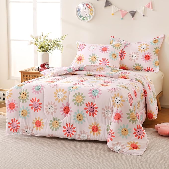 Yibeizi Floral Comforter Set for Girls Twin, Kids Cute Printed Bedding Set with Pillow Sham, Lightweight Soft Breathable Machine Washable Quilted Bed Comforter Set 2 Piece