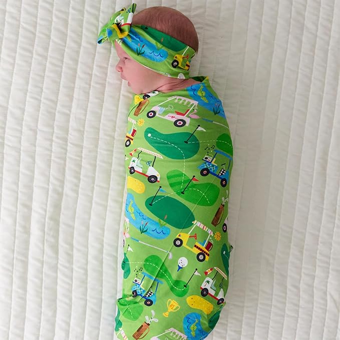 Little Sleepies Swaddle & Headband Bow Set, Viscose from Bamboo Baby Swaddles, Newborn Baby Girl Clothes (Luxe Fairway Fun)