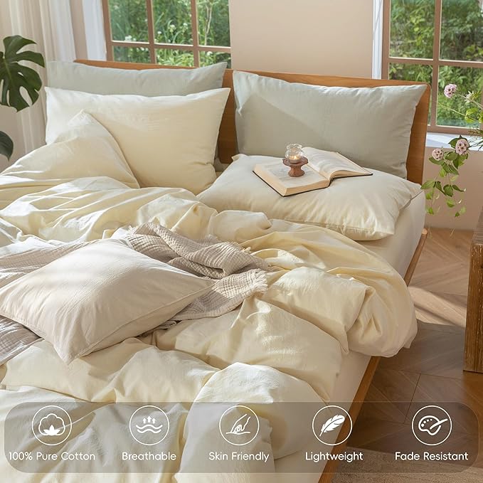 MooMee Bedding Duvet Cover Set 100% Washed Cotton Linen Like Textured Breathable Durable Soft Comfy (Solid Cream, King 104"x90")
