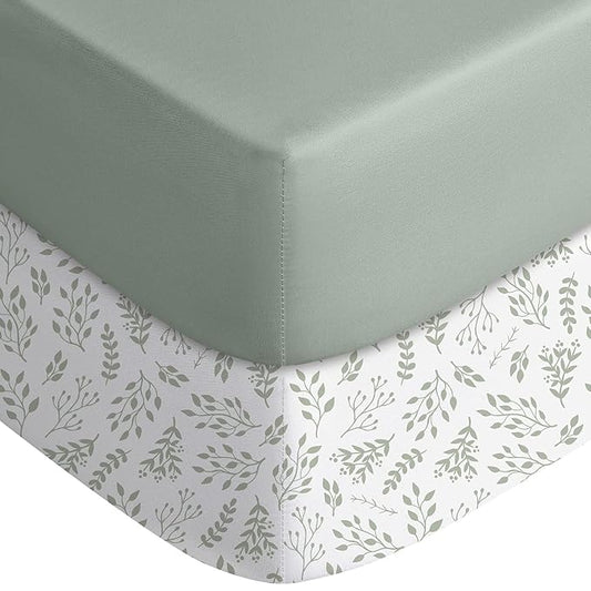 Yoofoss Pack and Play Sheets Fitted, Mini Crib Sheets 2-Pack for Pack N Play Mattress, Stretchy Playard Sheet, Soft and Breathable Green + Leaf