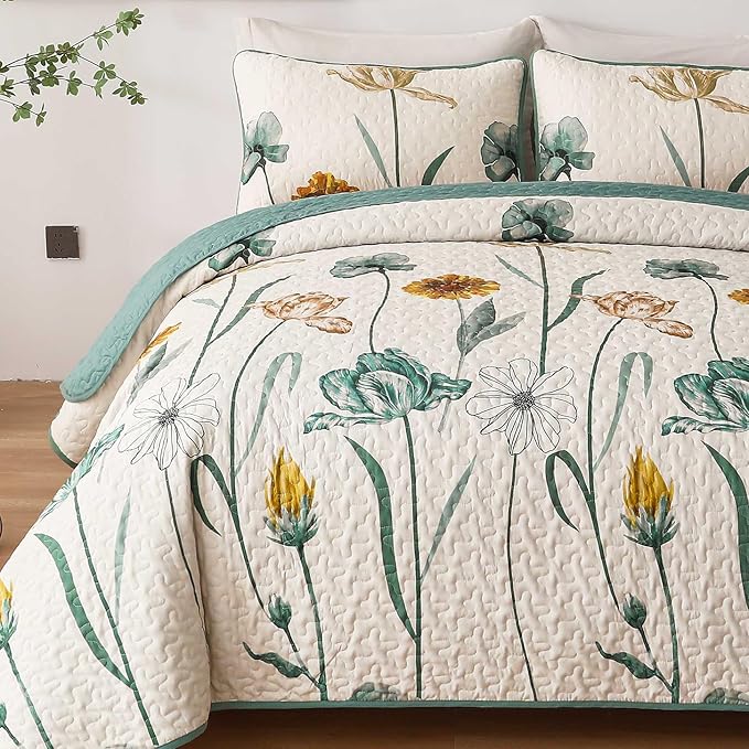 WONGS BEDDING Floral Quilt Set Queen,Green Yellow Floral Botanical Bedspread Bedding Set with 2 Pillowcase,Lightweight Spring Farmhouse Coverlet Set for All Season (96"x90")