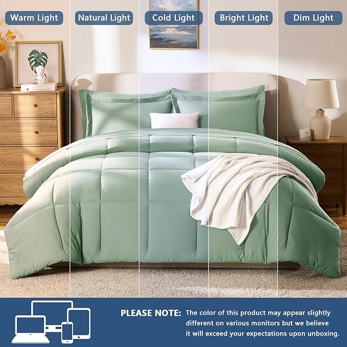 CozyLux Queen Comforter Set Sage Green - 7 Pieces Bed in a Bag Queen, All Season Breathable Bedding Sets, Oeko-Tex Certified Bed Set with Down Alternative Comforter, Sheets, Pillowcases & Pillow shams