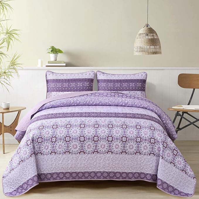 WONGS BEDDING Boho Quilt Full Set,Purple Bohemian Striped Patchwork Bedspread Coverlet Set with 2 Pillowcases,Lightweight Microfiber Floral Quilt Bedding Set 78"×90"