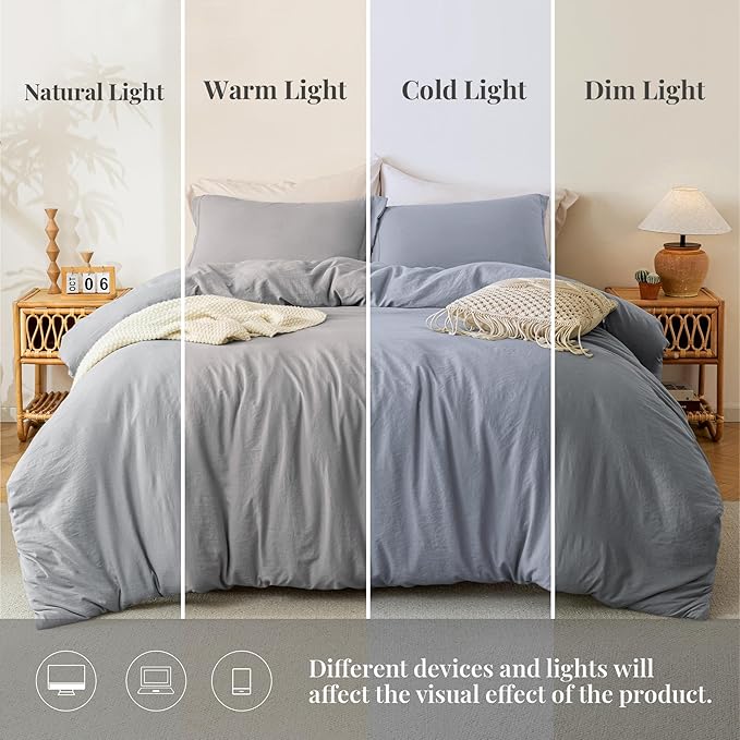 MILDLY Super Soft Duvet Cover 2pcs - 100% Washed Microfiber Light Grey Comforter Cover Set with Zipper Closure & Corner Ties (No Comforter)