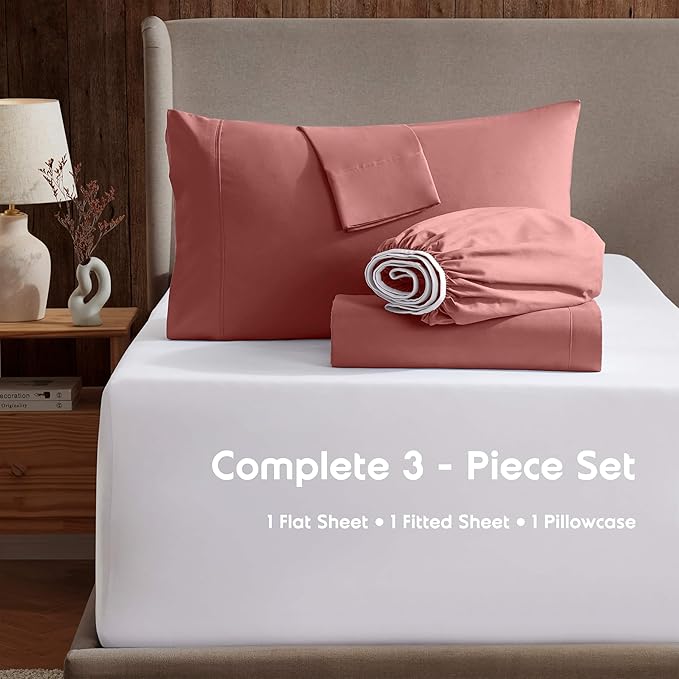Nestl Twin XL Sheet Set - College Dorm Size - Luxury 1800 Ultra-Soft Microfiber Twin Extra Long Bed Sheets - Deep Pockets - Easy Fit - Extra Soft - 3 Piece Set (Twin XL, Pink Clay)