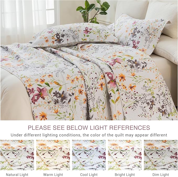 QSH 3Pcs Oversized King Bedspread Set(120"x120"),100% Cotton Floral Quilt Bedding Set Yellow Wild Flower Botanical Printed Coverlet Oversized King Lightweight Soft Bed Set with Pillowshams