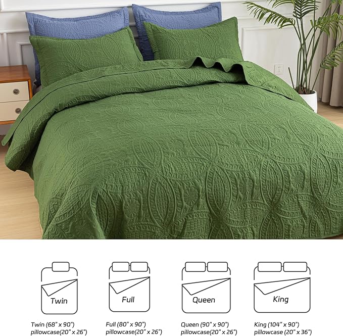 SheRest King Quilt Bedding Set - Soft Breathable Bed Quilt, Modern Style Embossed Bedspreads, Lightweight Microfiber Reversible Coverlet for All Seasons, Green, 3 Pieces (1 Quilt,2 Pillow Shams)