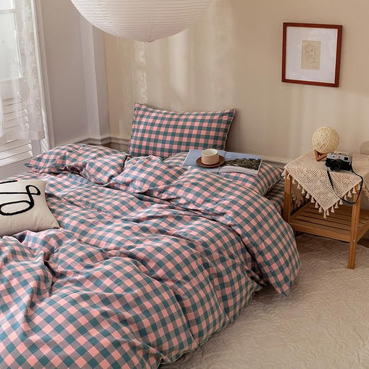 Queen Comforter Set Modern Style Checkered Pattern Comforter Purple Pink Plaid Bedding Comforter Lightweight Fluffy Soft Boho Grid Bedding Geometric Plaid Comforter Set Queen with 2 Pillowcases