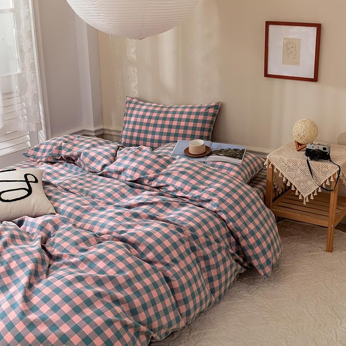 LifeTB Purple Pink Plaid Duvet Cover Full 3 Pieces Buffalo Grid Duvet Cover with 2 Pillowcases 100% Washed Cotton Reversible Plaid Comforter Cover Luxury Soft Breathable Grid Bedding Set Full