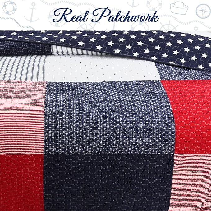 Cozy Line Home Fashions 100% Cotton Sailor Navy Blue Star Striped Print Cotton Reversible Bedding Quilt Set (Patriotic Patchwork, Queen)