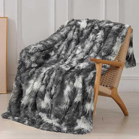 Tuddrom Decorative Extra Soft Faux Fur Blanket Twin Size 70" x 78",Solid Reversible Fuzzy Fluffy Cozy Plush Fleece Comfy Microfiber Blanket for Couch Sofa Bed,Tie Dye Grey