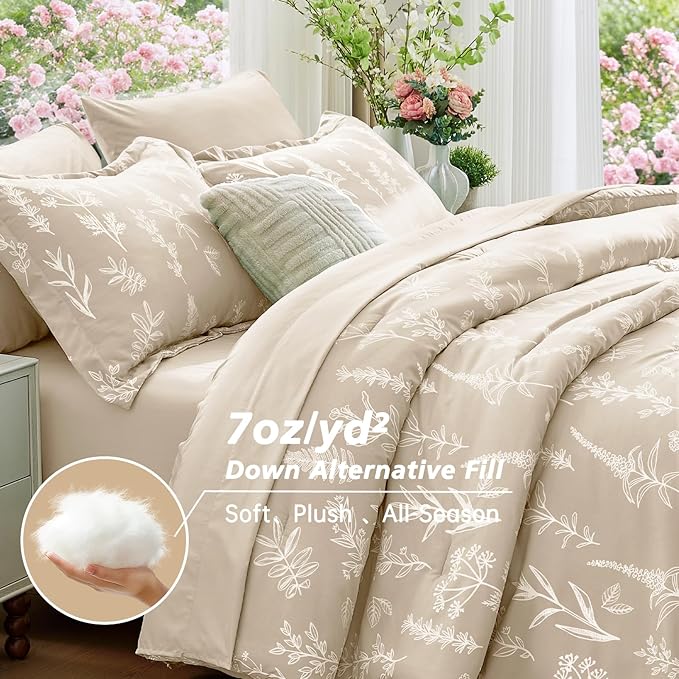 MUXHOMO Beige Bed in a Bag Queen 7 Pieces, Queen Comforter Set Reversible Botanical Flowers Design, Ultra Soft & Breathable Bedding Sets with Comforter, Sheets, Pillowcases & Shams